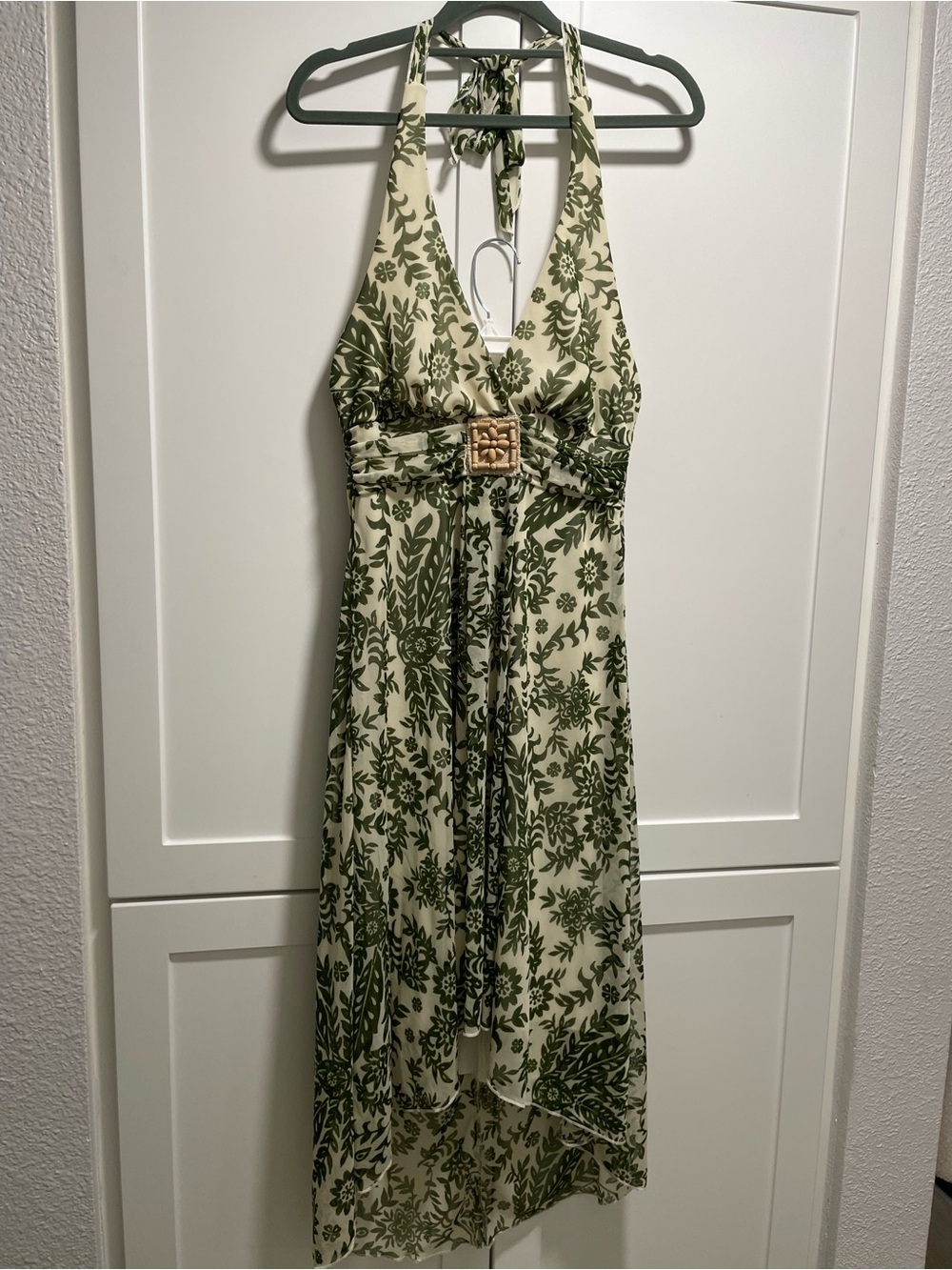 Vintage Y2K Speechless Halter Midi Dress Green Cream Floral Botanical Mesh